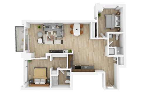 Floor plan for 2 beds, 2 baths, 1153 sqft